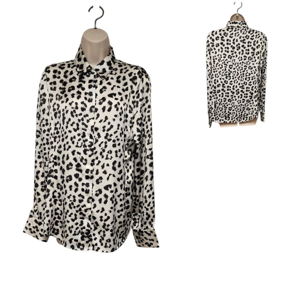 Ann Taylor Loft Leopard Print Button Down Long Sleeve Blouse Size 10 Black/Cream